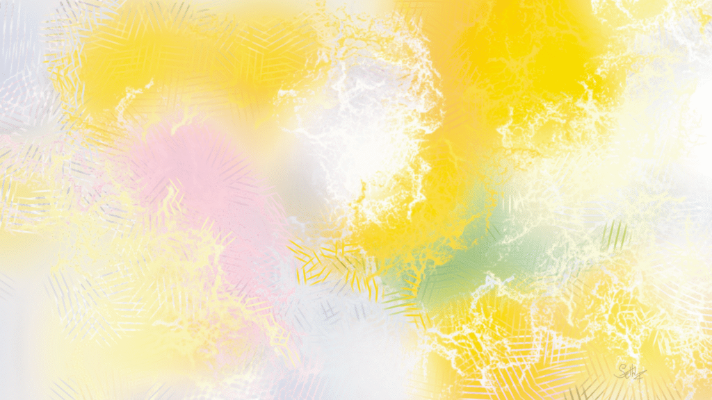 a digital art peice of white yellow and green and gray and pink